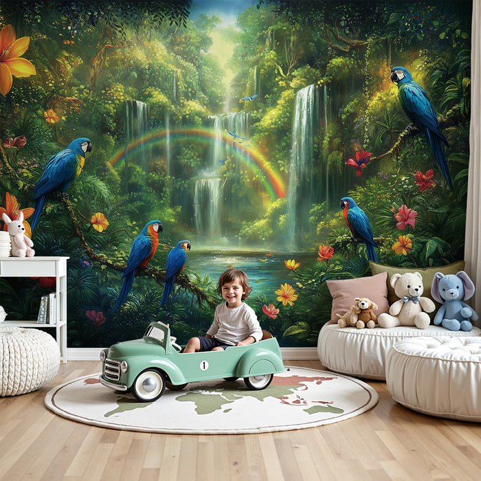 Papel pintado infantil | Paraíso tropical con loros