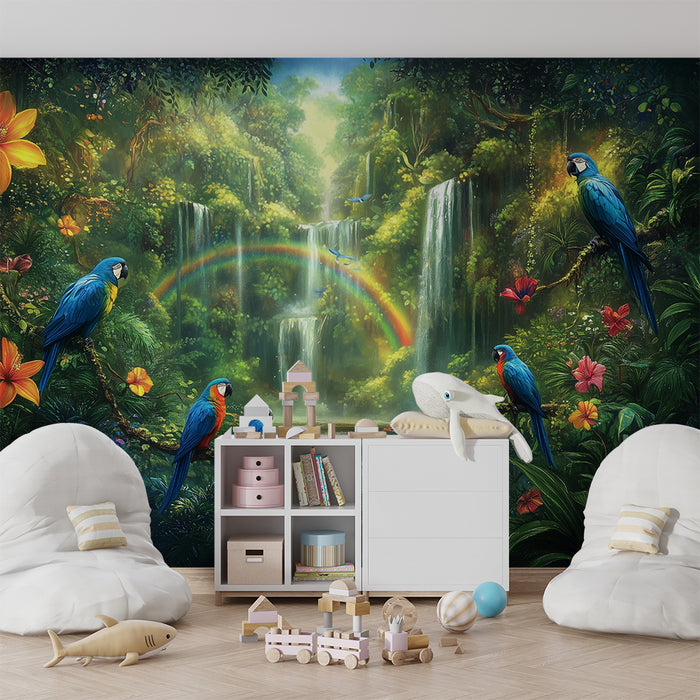 Papel pintado infantil | Paraíso tropical con loros