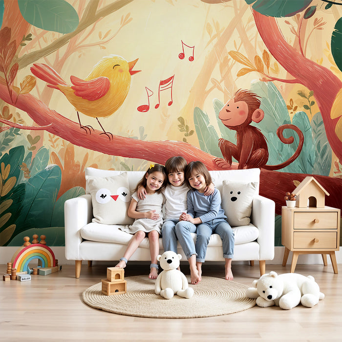 Børneværelse tapet skov eventyr | Sød abe og melodisk fugl