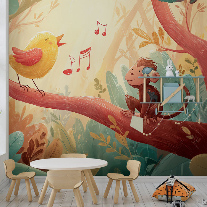 Børneværelse tapet skov eventyr | Sød abe og melodisk fugl