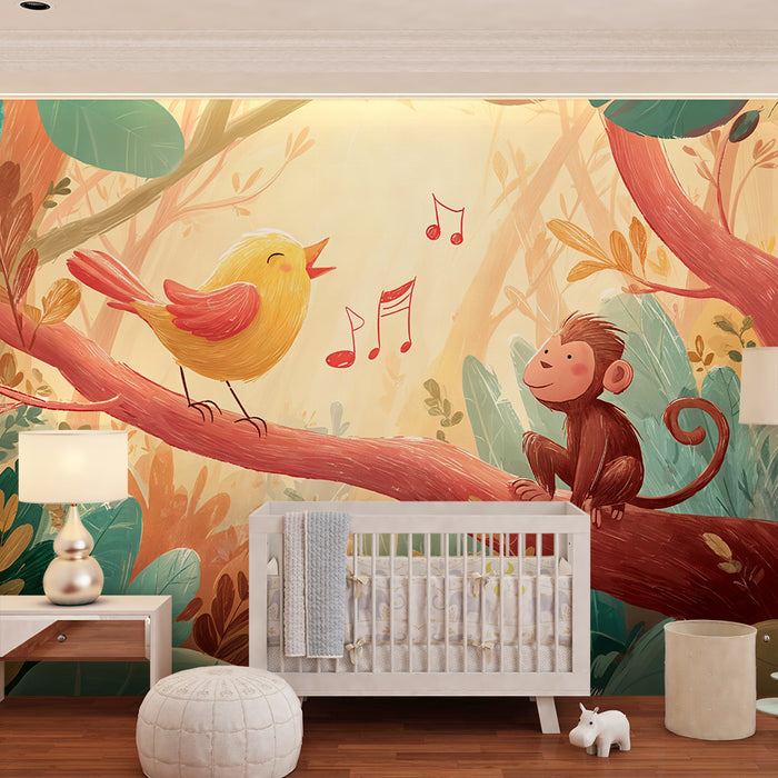 Børneværelse tapet skov eventyr | Sød abe og melodisk fugl
