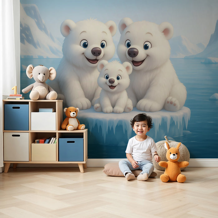 Papel pintado infantil | Familia de osos polares en el hielo.