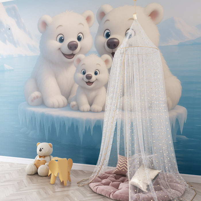 Papel pintado infantil | Familia de osos polares en el hielo.