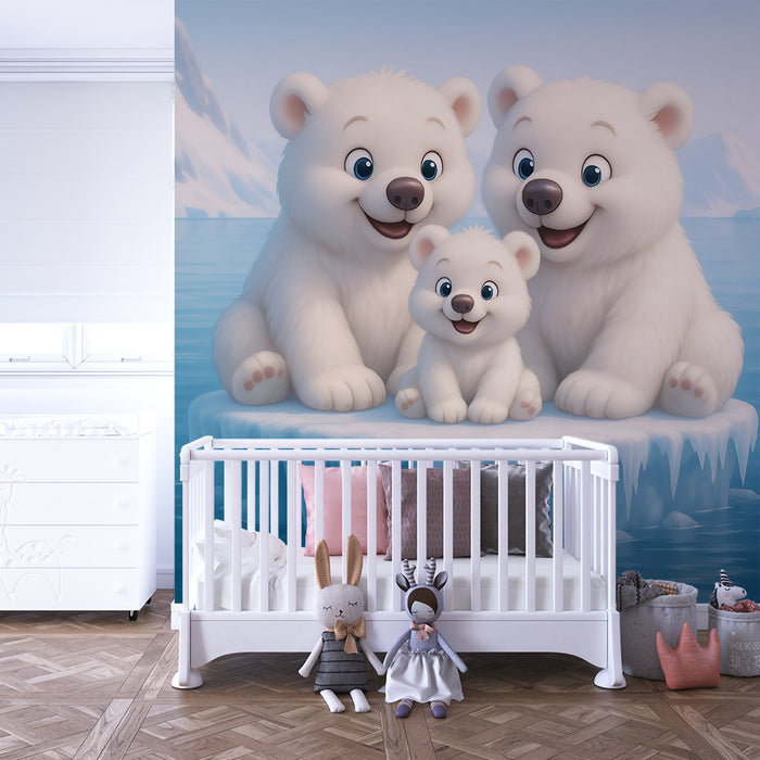 Papel pintado infantil | Familia de osos polares en el hielo.