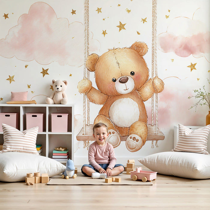 Nursery room wallpaper | Teddy bear on a swing and starry clouds