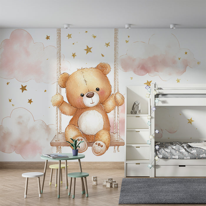 Nursery room wallpaper | Teddy bear on a swing and starry clouds