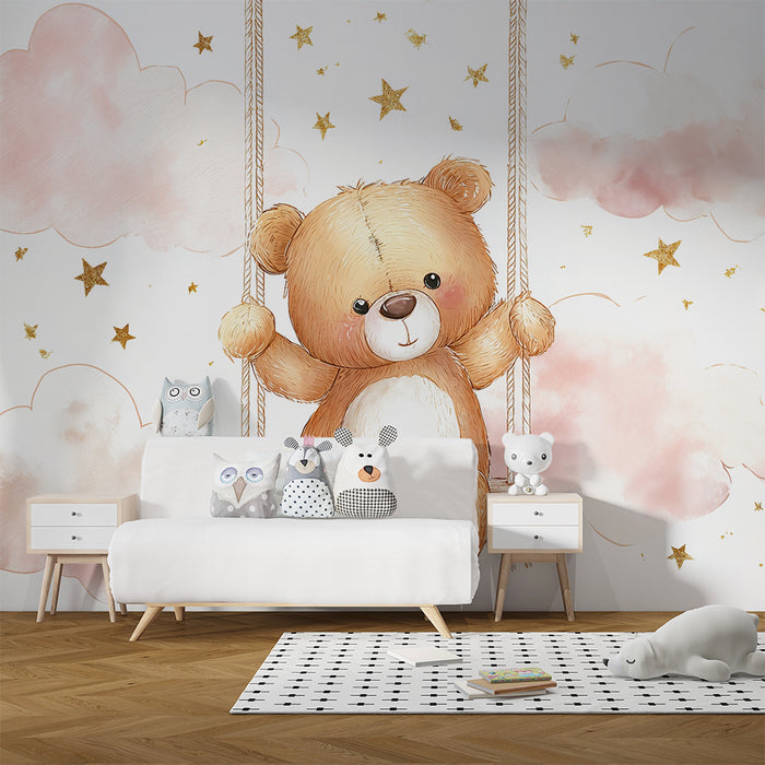 Nursery room wallpaper | Teddy bear on a swing and starry clouds