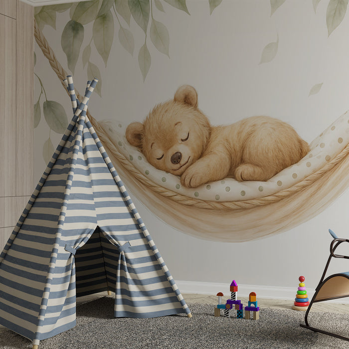 Papier peint ourson | Petit ours endormi dans un hamac feuillu