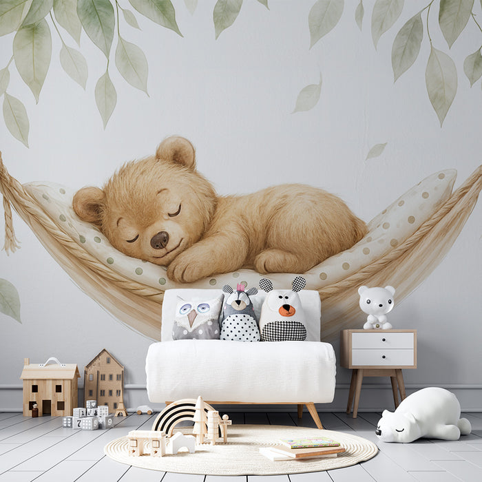 Papier peint ourson | Petit ours endormi dans un hamac feuillu