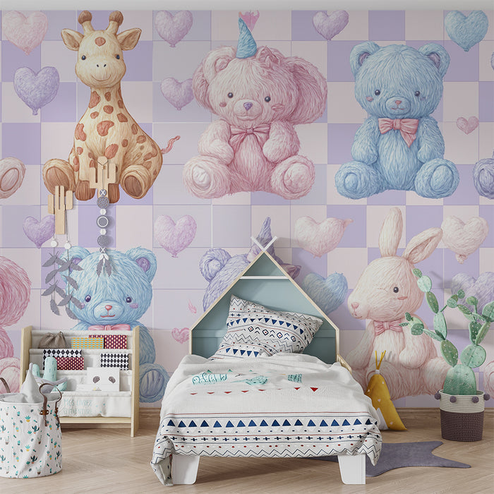 Tapeta so zvieratkami z plyšu | Jemné pastelové farby pre detskú izbu