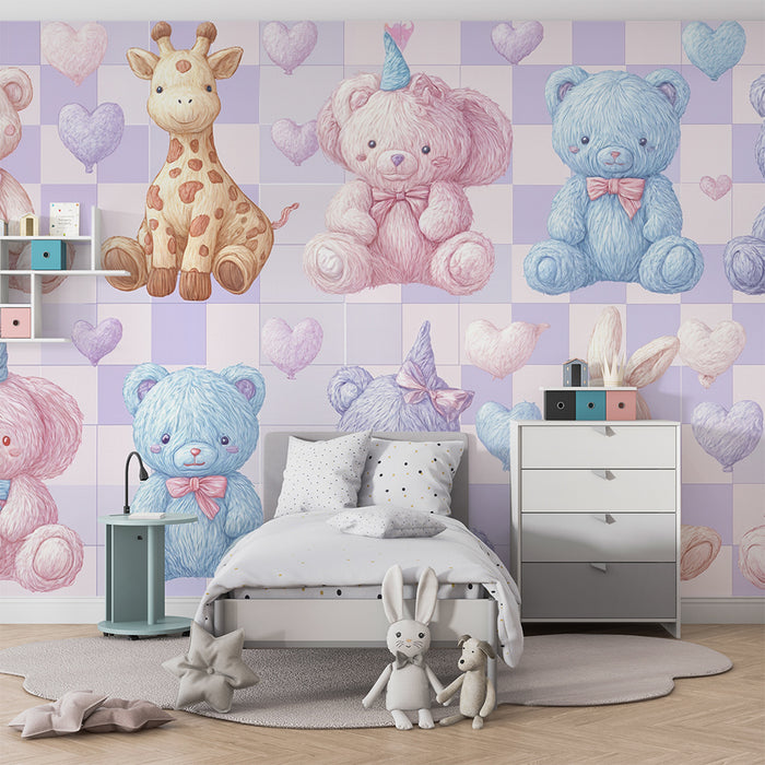 Tapeta so zvieratkami z plyšu | Jemné pastelové farby pre detskú izbu