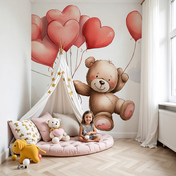 Tapety dla dzieci | Latający niedźwiedź z balonami w kształcie serc