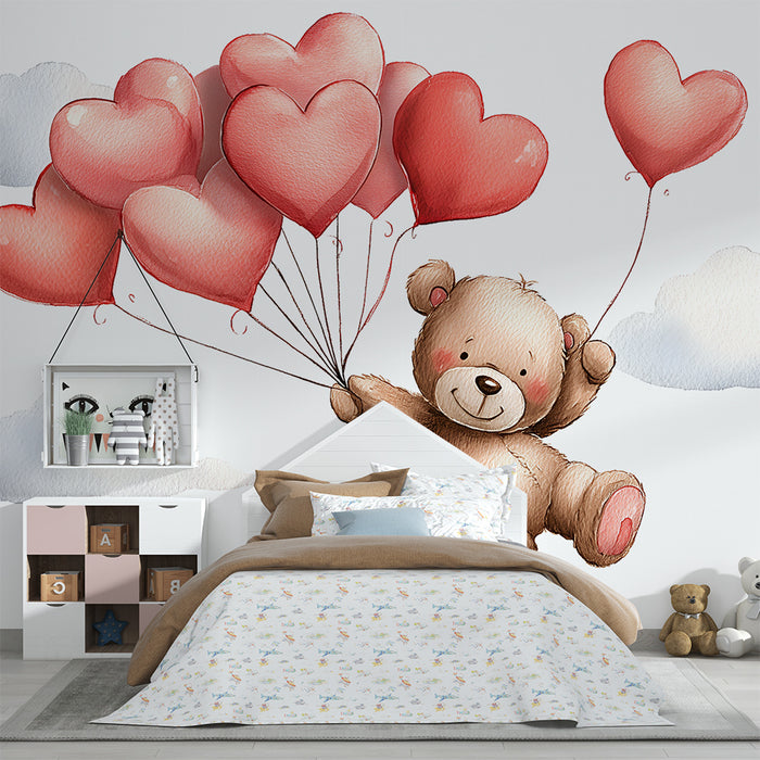 Tapety dla dzieci | Latający niedźwiedź z balonami w kształcie serc