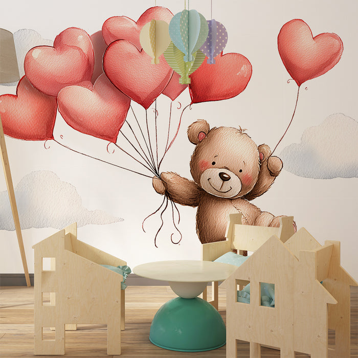 Tapety dla dzieci | Latający niedźwiedź z balonami w kształcie serc