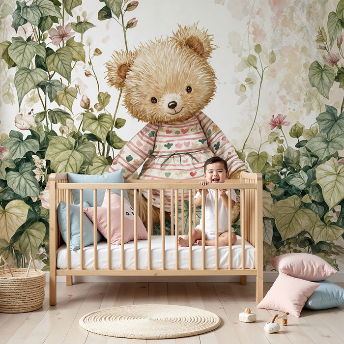 Teddy bear wallpaper | Floral charm for children's room