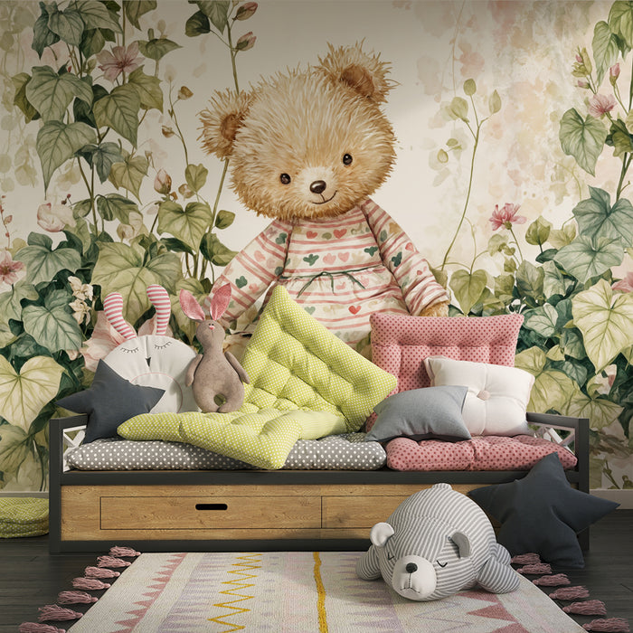 Teddy bear wallpaper | Floral charm for children's room