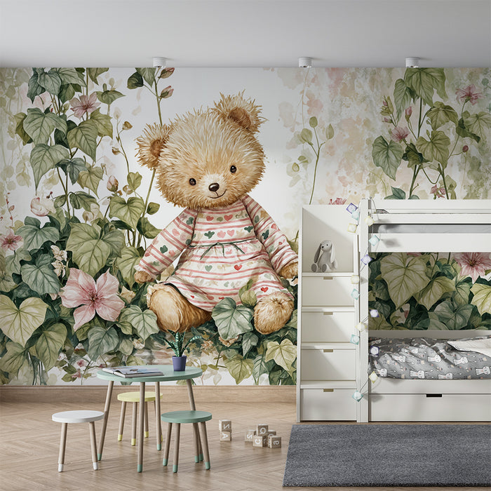 Teddy bear wallpaper | Floral charm for children's room