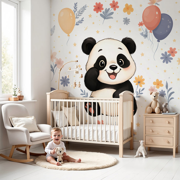 Papier peint chambre enfant | Panda joyeux et ballons colorés