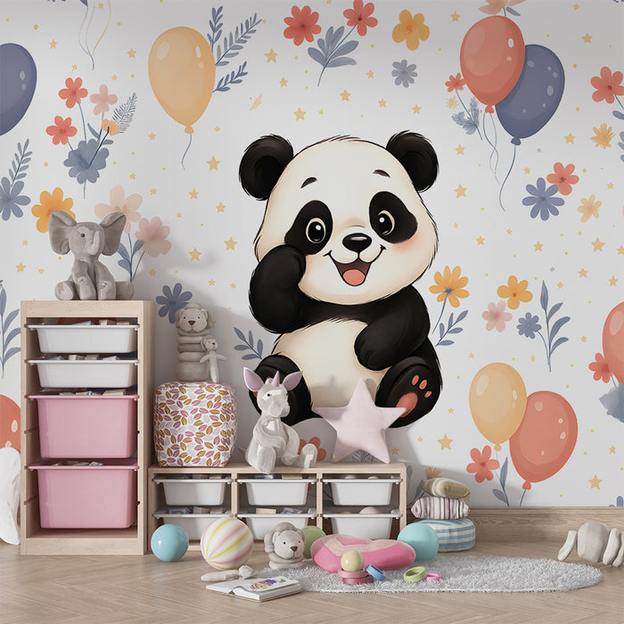 Papier peint chambre enfant | Panda joyeux et ballons colorés