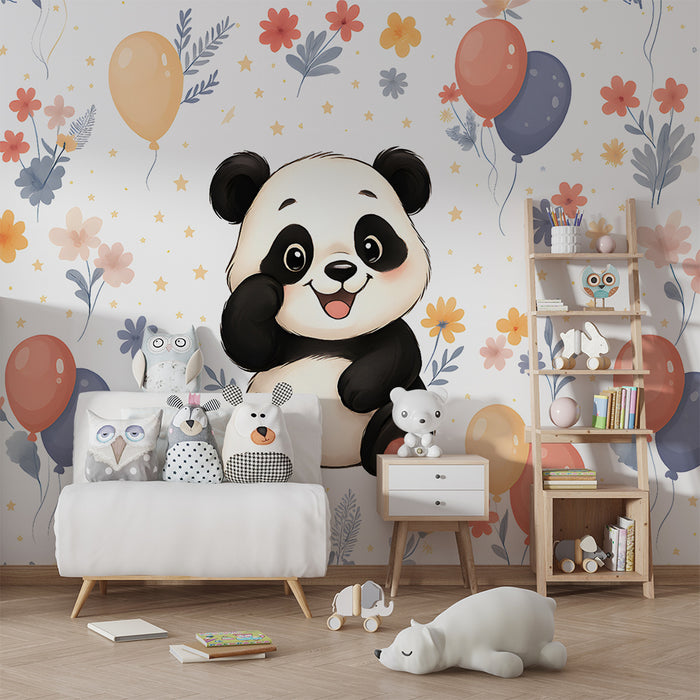 Papier peint chambre enfant | Panda joyeux et ballons colorés