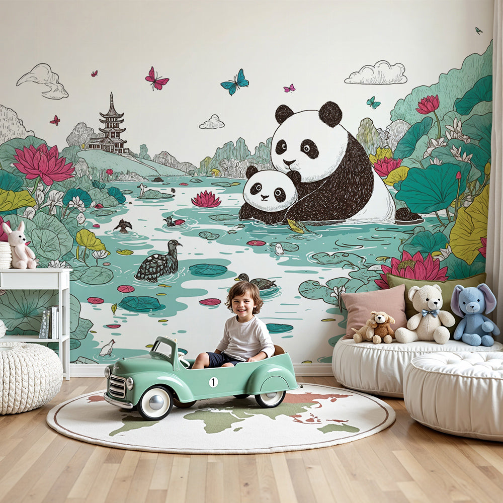 Panda and Lotus Wallpaper | Peaceful Nature Scene — Kids Wall