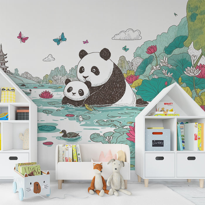 Panda and Lotus Wallpaper | Peaceful Nature Scene