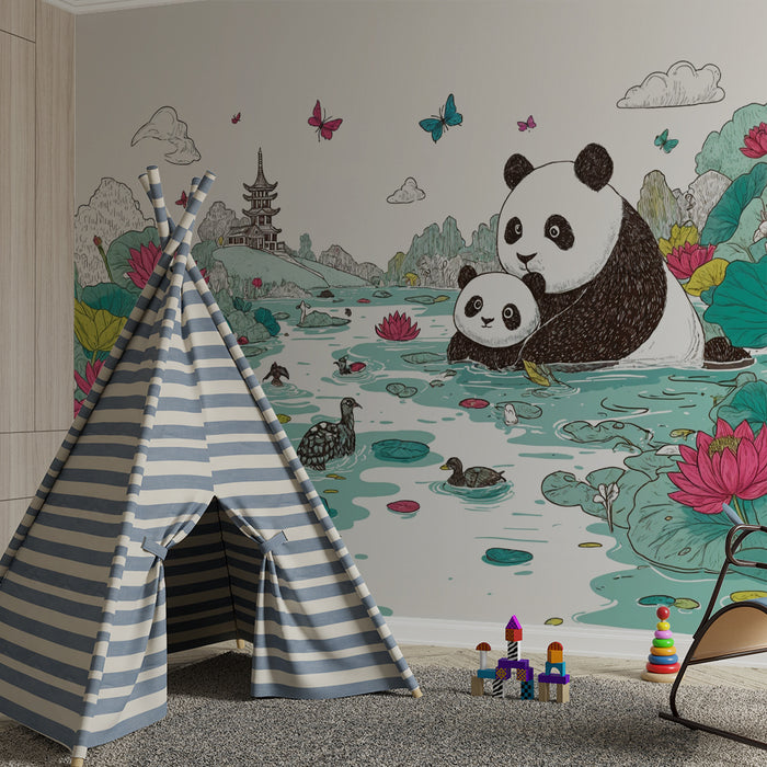 Panda and Lotus Wallpaper | Peaceful Nature Scene