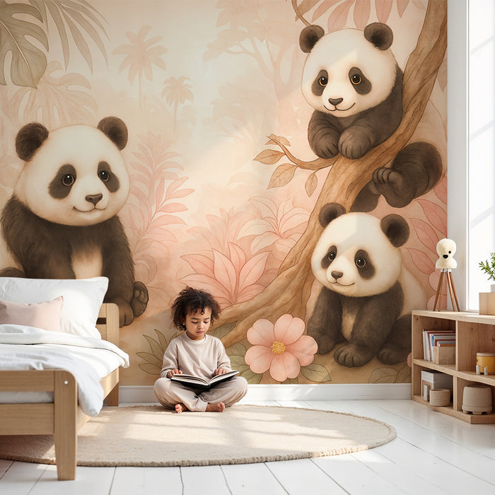 Børneværelse tapet pandas | Sødt og blomstrende design