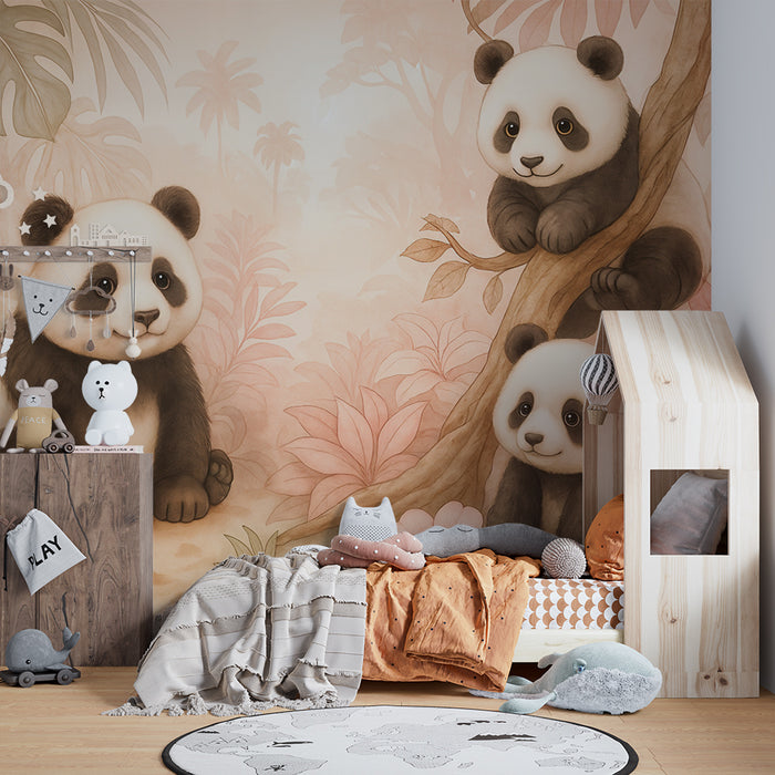 Børneværelse tapet pandas | Sødt og blomstrende design