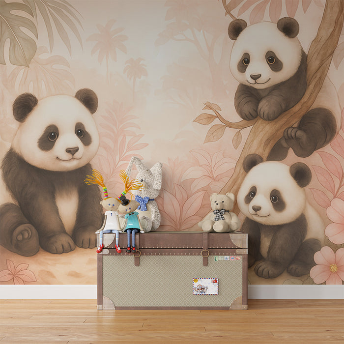 Børneværelse tapet pandas | Sødt og blomstrende design