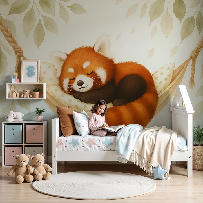 Detská izba tapéta | Spiaci červený panda a zelené listy
