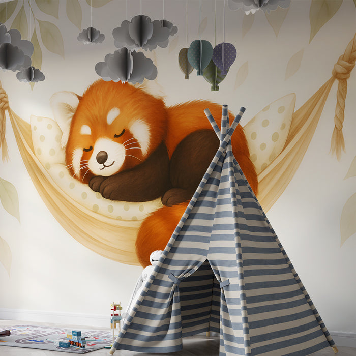 Detská izba tapéta | Spiaci červený panda a zelené listy