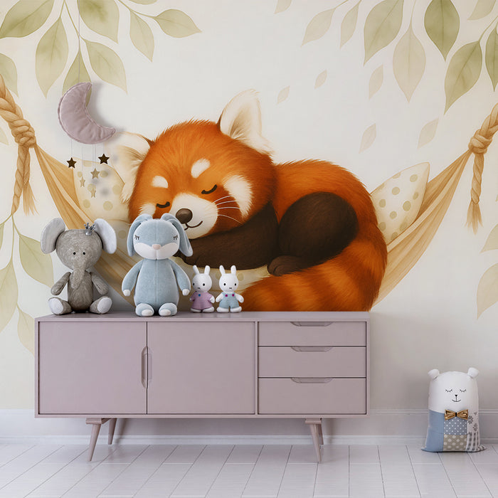 Detská izba tapéta | Spiaci červený panda a zelené listy