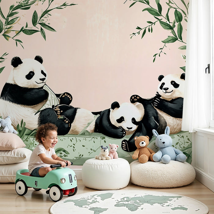 Papier peint Pandas | En famille sur fond naturel
