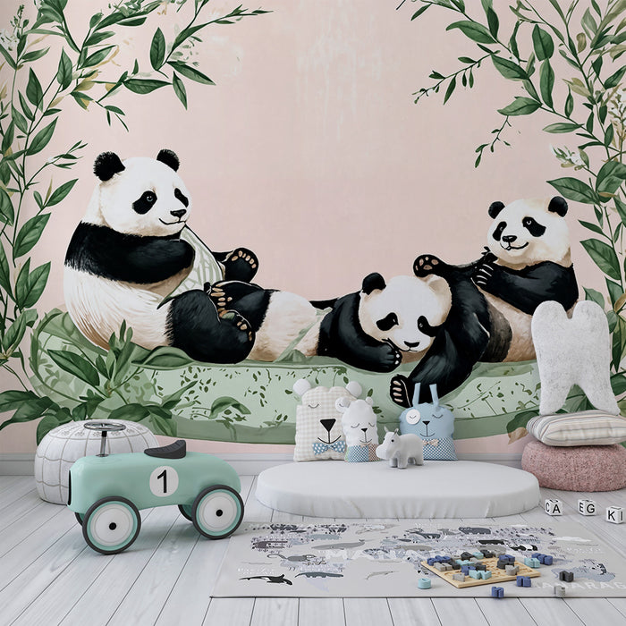 Papier peint Pandas | En famille sur fond naturel
