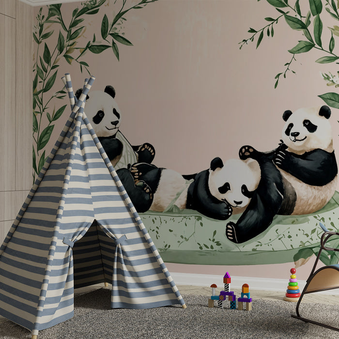 Papier peint Pandas | En famille sur fond naturel