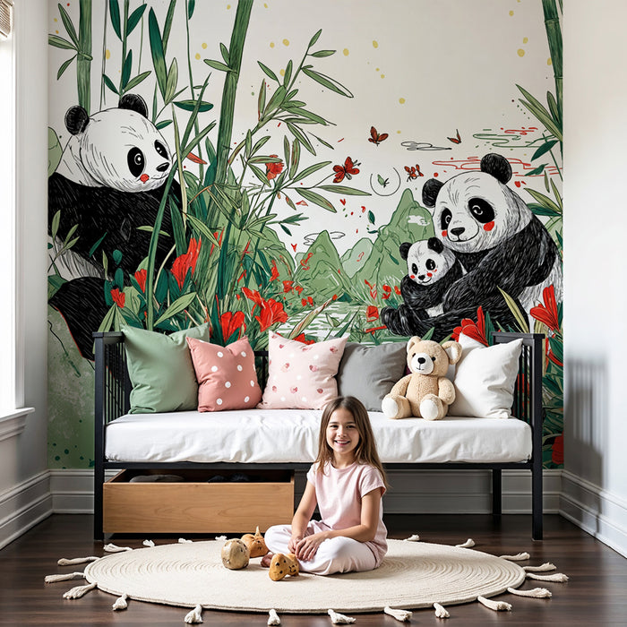 Tapeta s pandou | Očarujúci kraj s pandami a červenými kvetmi