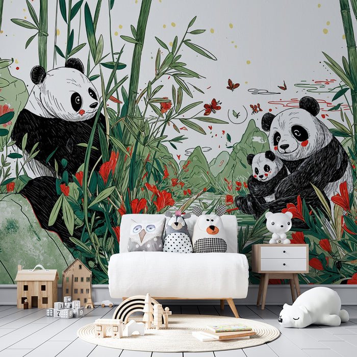 Tapeta s pandou | Očarujúci kraj s pandami a červenými kvetmi