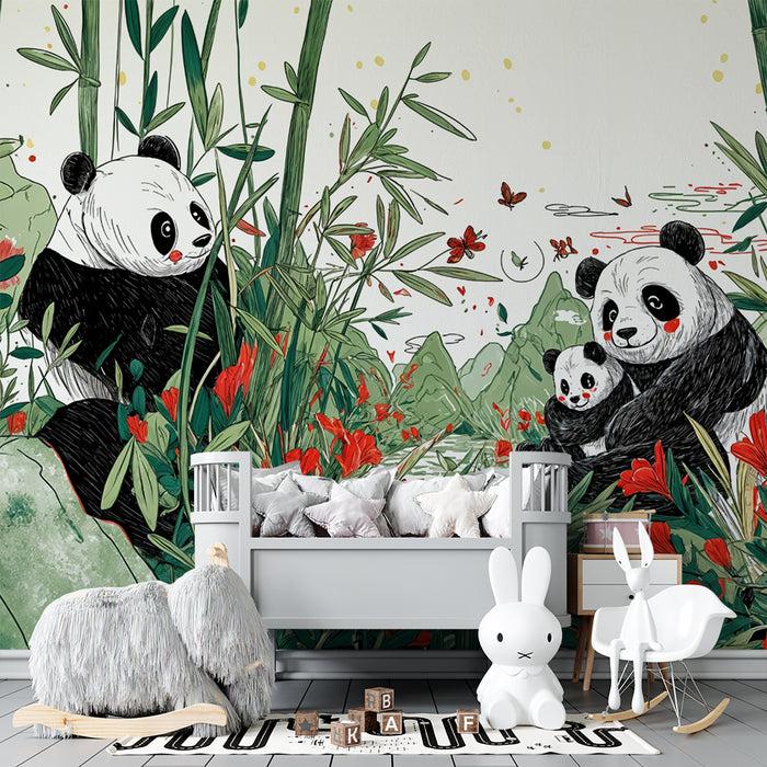 Tapeta s pandou | Očarujúci kraj s pandami a červenými kvetmi