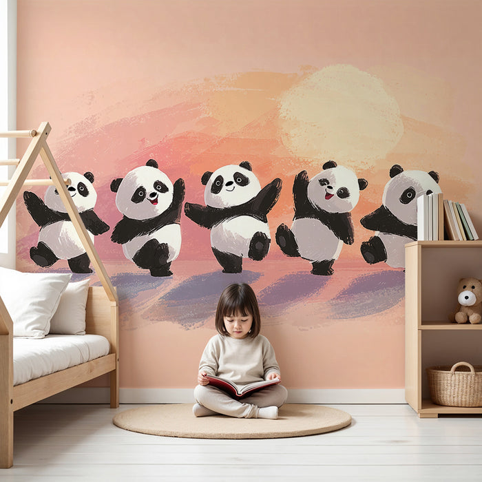 Panda tapet | Glædelig dans på pastelfarvet baggrund