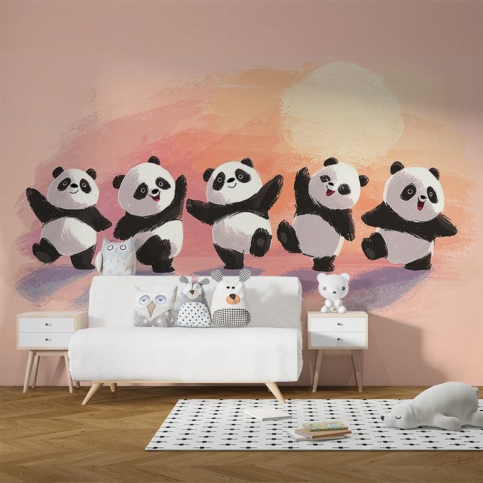 Panda tapet | Glædelig dans på pastelfarvet baggrund