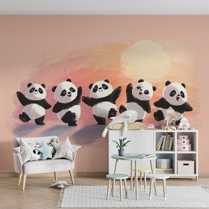 Panda tapet | Glædelig dans på pastelfarvet baggrund