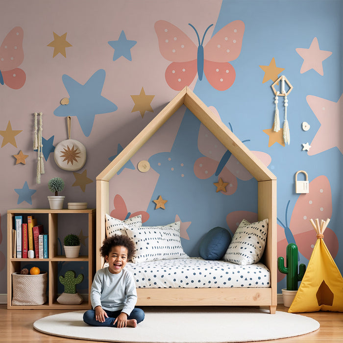 Gyermekszobai tapéta | Pasztell pillangók és csillagok