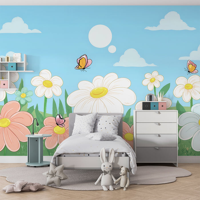 Barntapet | Glada blommor och färgglada fjärilar