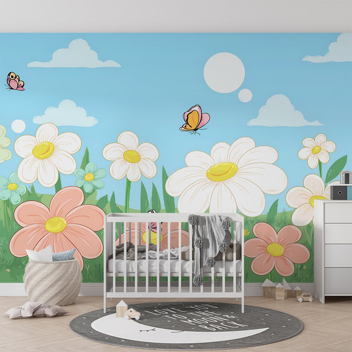 Barntapet | Glada blommor och färgglada fjärilar