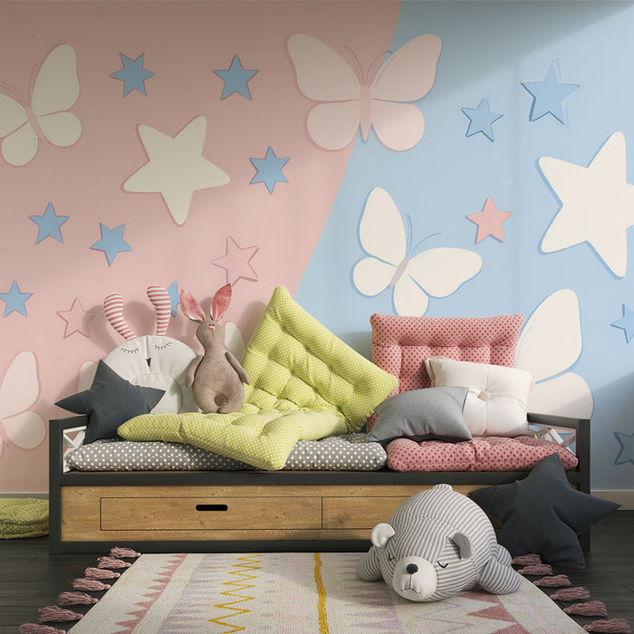 Baba szobai tapéta | Pasztell pillangók és csillagok
