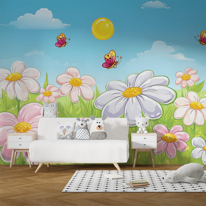 Barntapet | Glada blommor och färgglada fjärilar på ängen