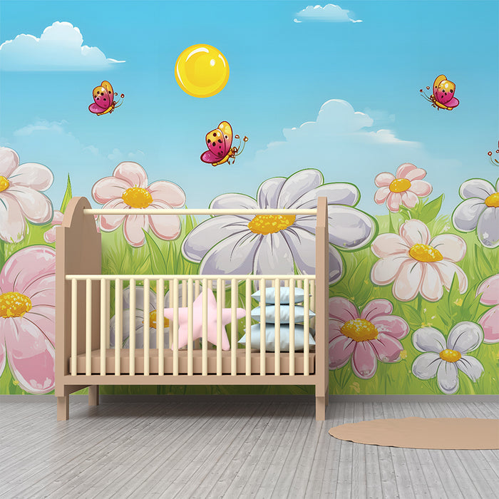 Barntapet | Glada blommor och färgglada fjärilar på ängen