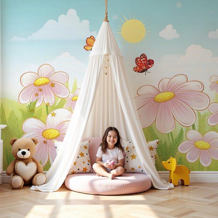 Papel pintado infantil | Flores de primavera y mariposas
