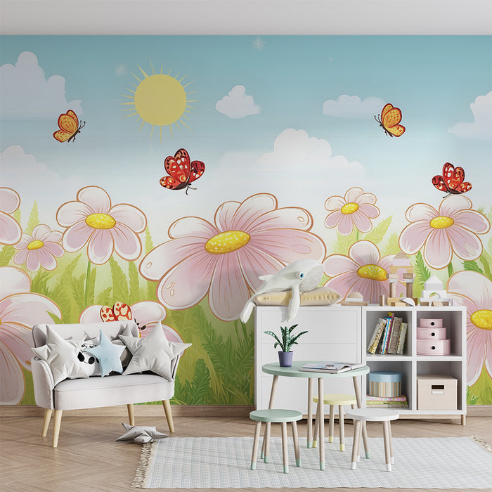Papel pintado infantil | Flores de primavera y mariposas